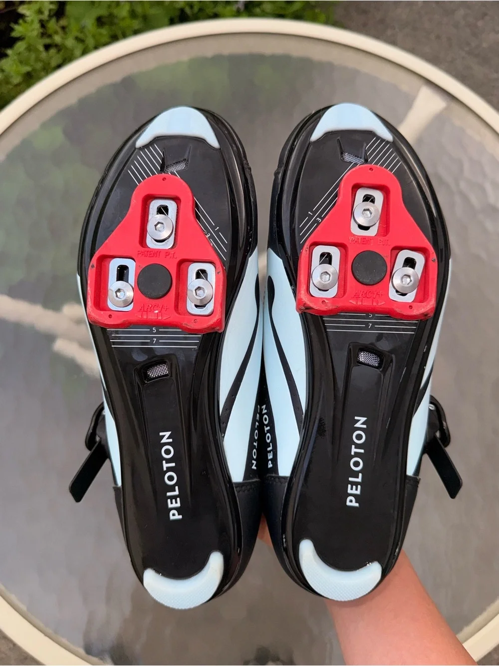 Peloton Kids Black Shoes with Red Lining and Light Blue Accent
